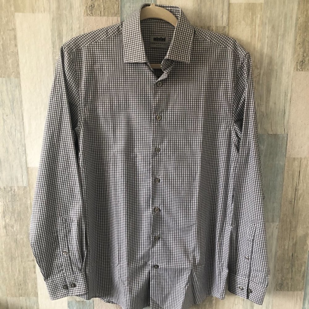Kenneth Cole Unlisted Gray White Plaid Slim Fit Shirt Men's size 14 - 14.5 32/33